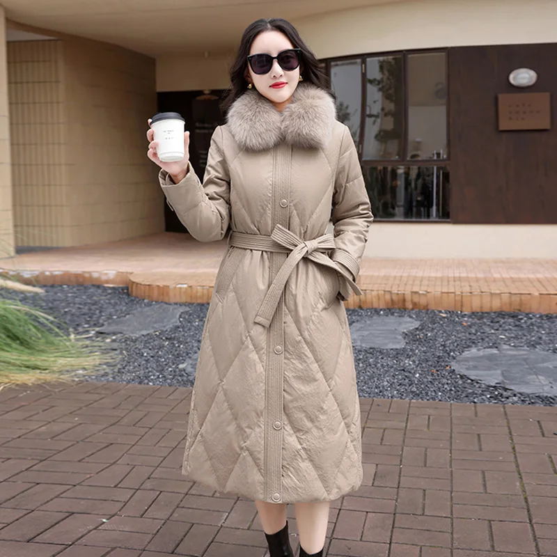 New Women Long Leather Down Coat Winter Fashion Warm Real Fox Fur Collar Sheepskin Down Jacket Split Leather Casual Outerwear womens winter new genuine leather white duck down jacket female short sheepskin outerwear casual korean fox fur collar coat