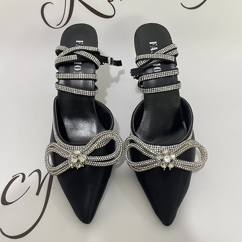 Rimocy Shining Crystal Bowknot Pointed Toe Pumps Women Sexy Stiletto High Heels Wedding Shoes Woman Ankle Strap Summer Sandals