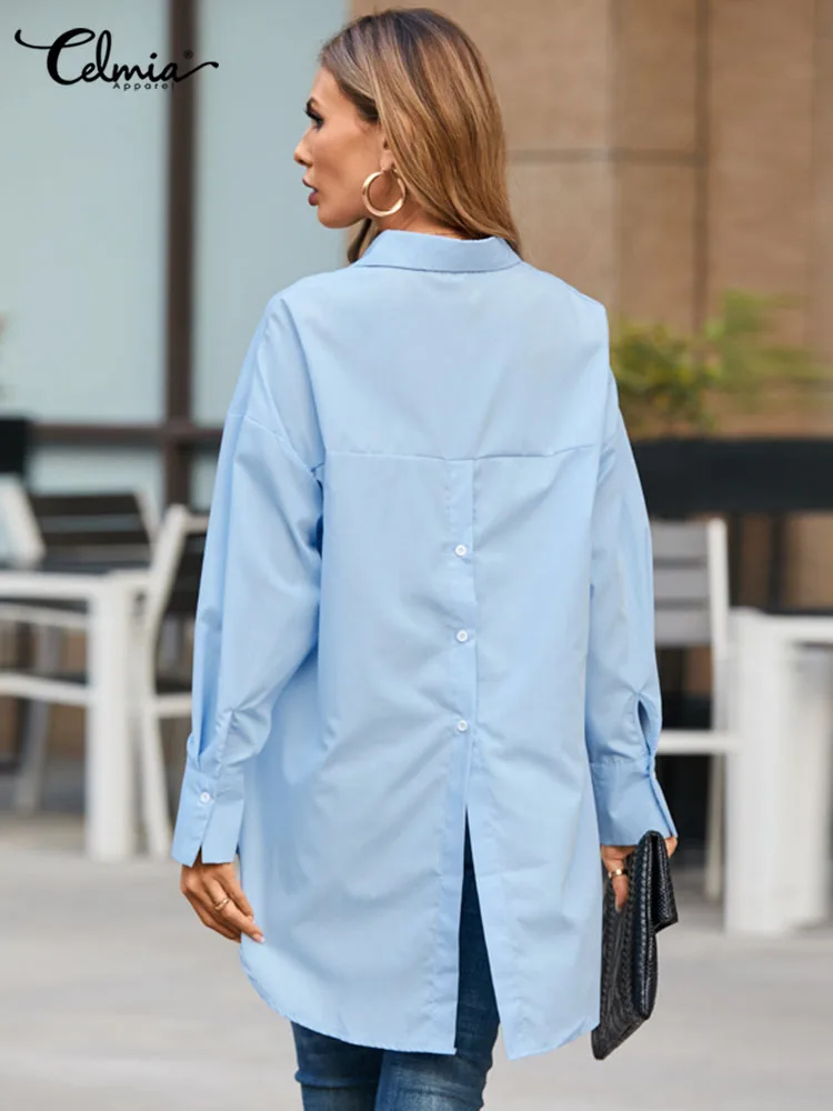 Celmia Long Sleeve Casual Tops Ladies Buttons Back Slit Blusas Mujer Fashion Chic Blouses Solid 2023 Summer Women White Shirts qoerlin elegant long sleeve blouse for women v neck shirts buttons loose casual office ladies tops blue shirts female chic 2023