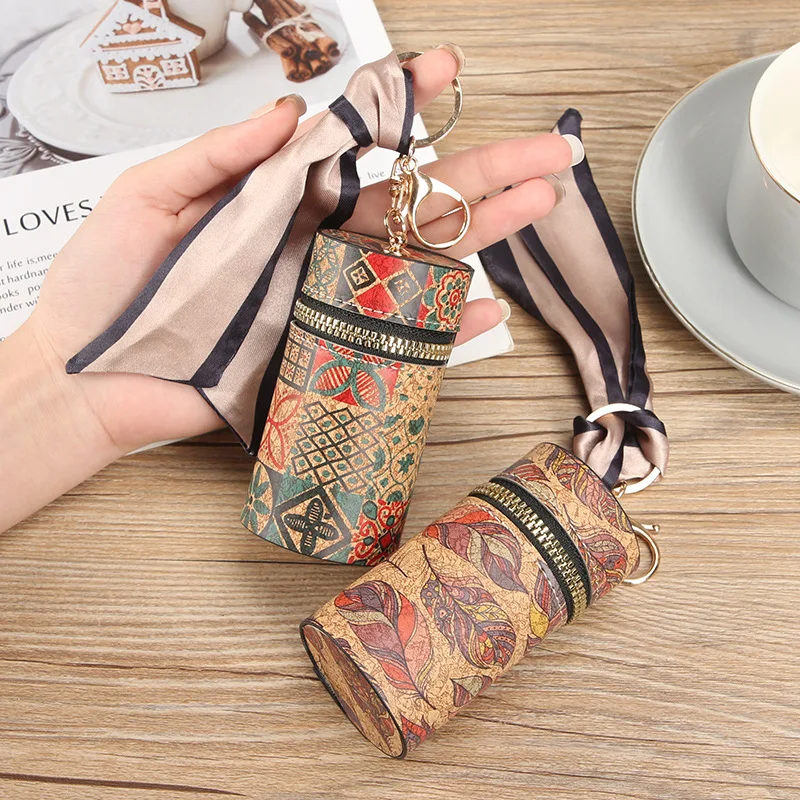 Leather wood grain mouth red envelope retro round bucket bag cute student portable multifunctional keychain for women