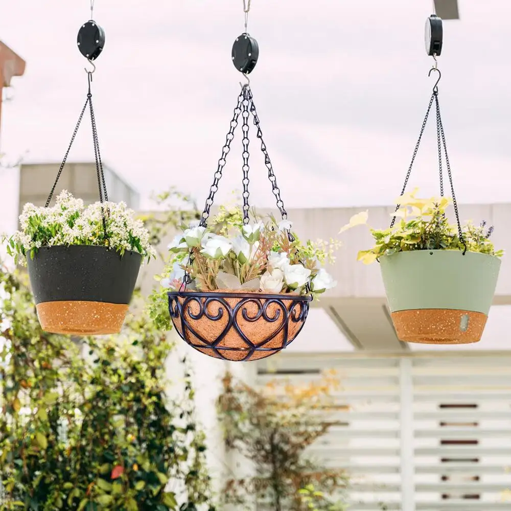 Description Picture 6 of itemHangings Plant Basket with Coconut Palm Liners Round Iron Chain Hanging Flowerpot Outdoor Flower Pots Patio Lawn Garden Decor