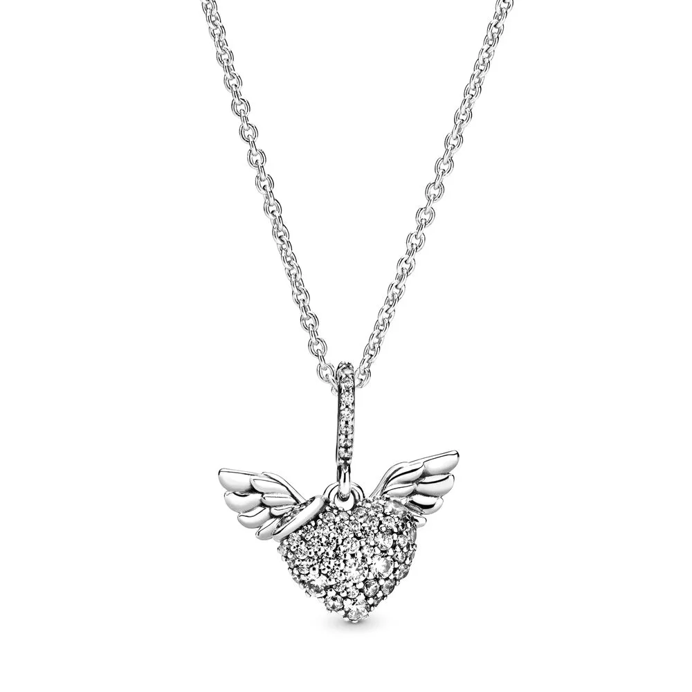 

2019 NEW 100% 925 Sterling Silver Pave Heart and Angel Wings Necklace Clear CZ Fit Girl Gift Original Jewelry Clavicle Chain