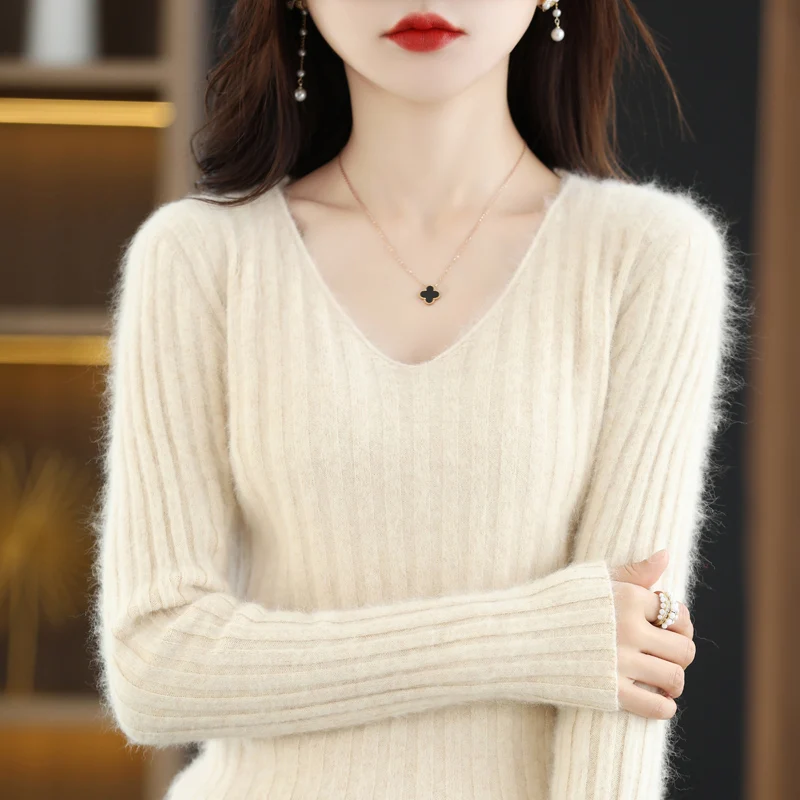 Mink V-neck Sweater Women's Knitwear Autumn / Winter New Style Pit Stripe Solid Color Fashion Versatile Undercoat Korean Version