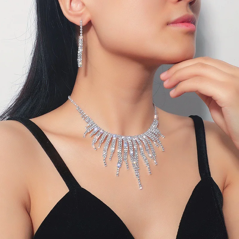 FYUAN Geometric Rhinestone Necklace Earrings For Women Long Tassel Jewelry Sets Ladies Weddings Banquet Accessory jewelry sets,jewelry set,women earrings,chain necklace