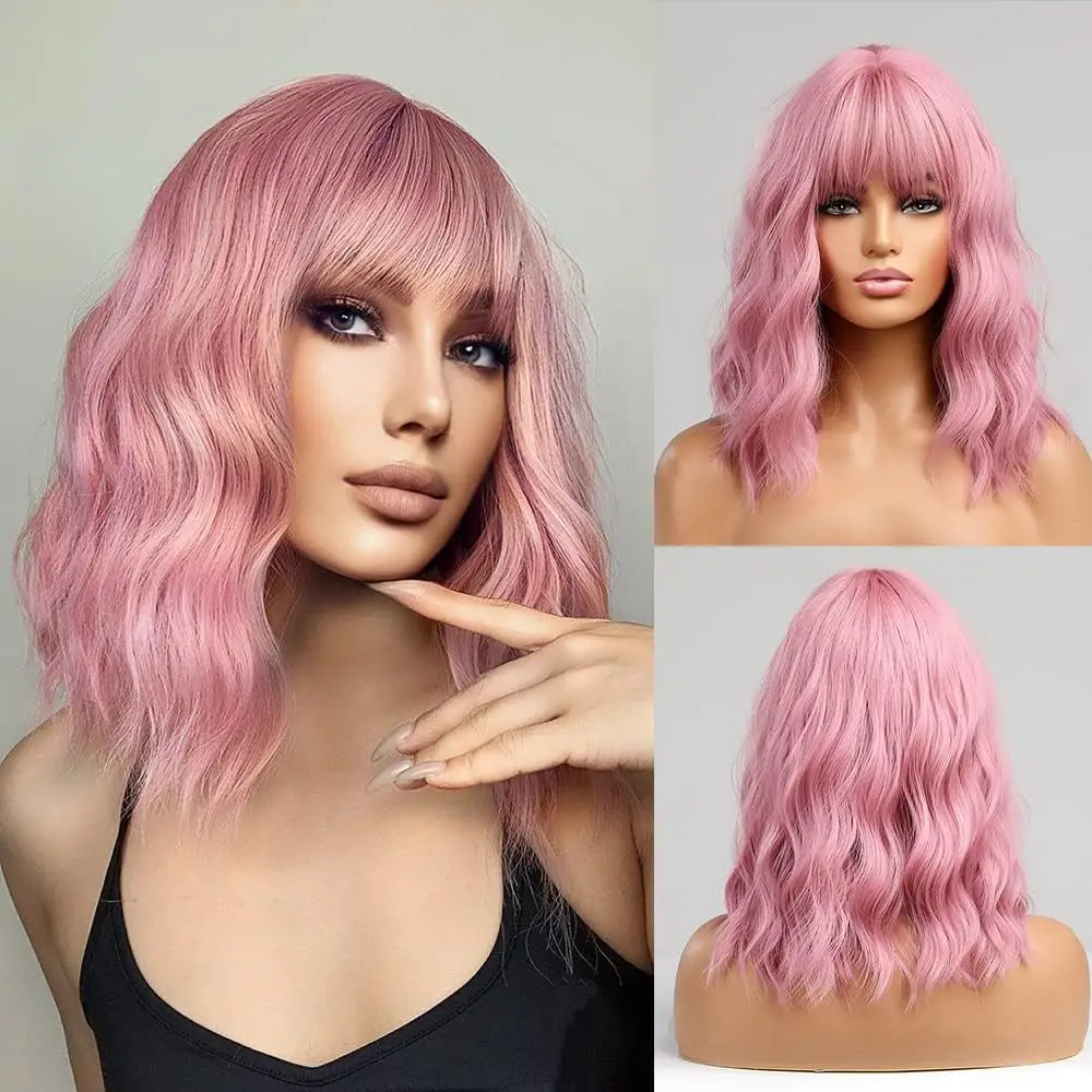 

Synthetic wig long natural waves burgundy bangs wig female high gloss wave shoulder length curly wig cosplay party wig