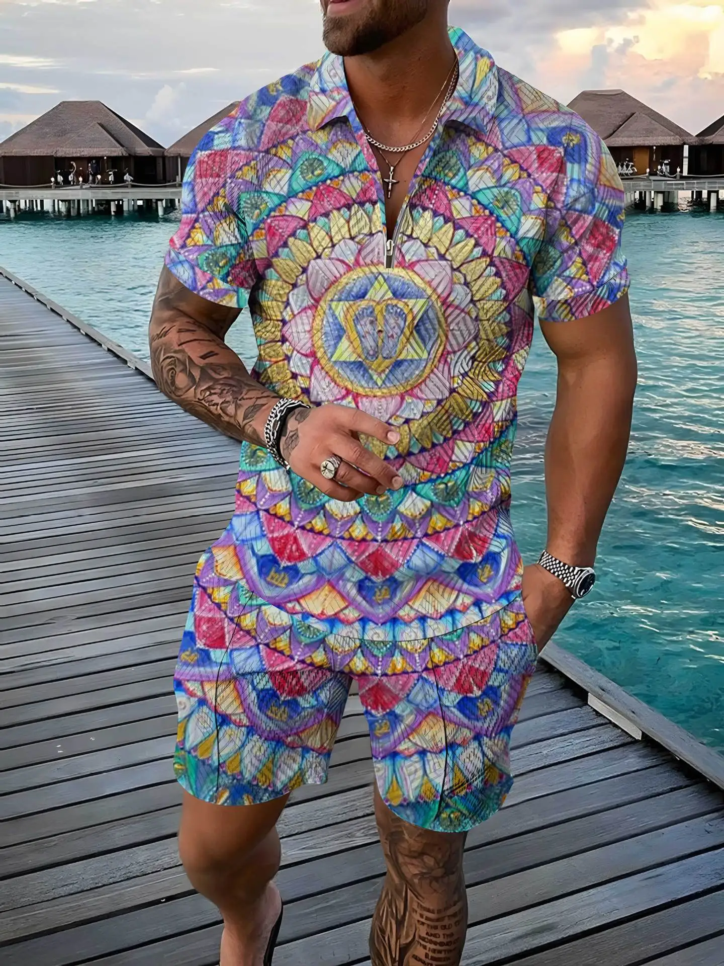 빈티지 보헤미안 윈드 폴로 세트, 3D 프린트 폴로 셔츠, 지퍼 세트, 칼라 및 반바지, 하와이 홀리데이 스타일 남성 의류, 2 개 세트
