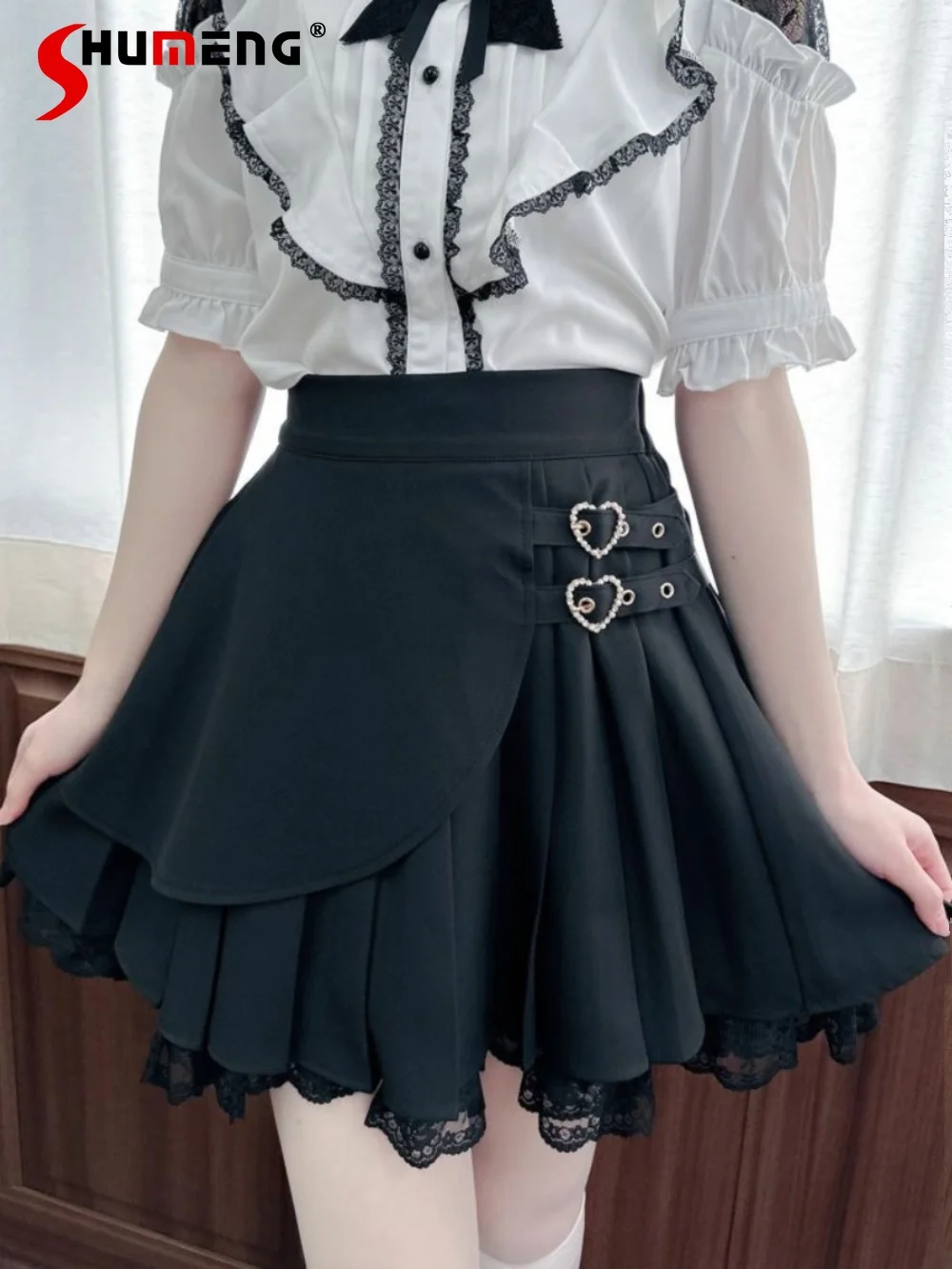 

Japanese Mine Preppy Style Pleated Skirt Heart Buckle Double Layer Ruffled Lace Edge Sweet Lolita High Waist Short Skirts Women