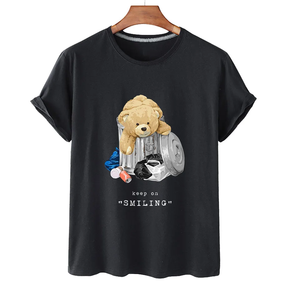 

100% Cotton Bear Print T Shirt Summer T Shirt Women Casual Short Sleeve O Neck T Shirt Unisex Plus Oversized Women T Shirt S-4XL