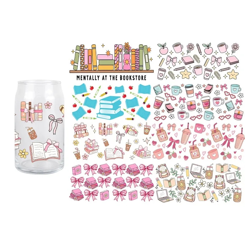 3D Stickers 3D Wall Stickers UV DTF Wrap Transfer Books 3D UV DTF Sticker Durable Waterproof Bowknot Drink Transfer 16 OZ Libbey Glass Wraps Cup Decals