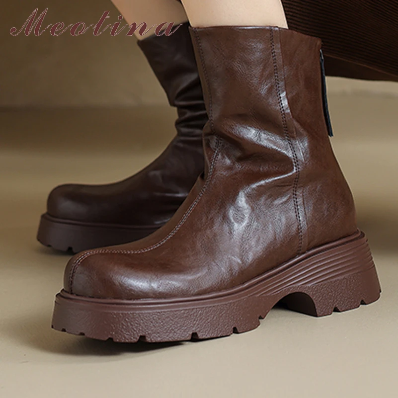 

Meotina Women Genuine Leather Ankle Boots Round Toe Thick Mid Heels Platform Zipper Short Boots Lady Fashion Shoes Autumn Winter