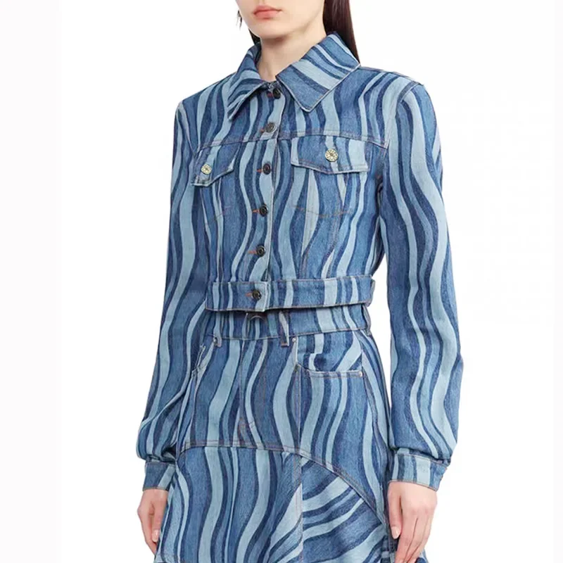 

Ladies Denim Blue Women Pant Suit Set Blazer Jacket And Trouser Stripe Spring Female Business Work Wear Long Sleeve Coat