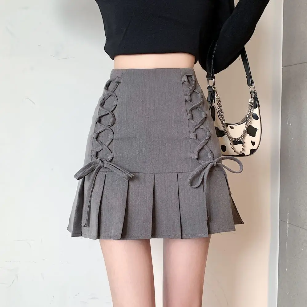 

Female Preppy Style Lacing Solid Color High Waist Pleated Skirt Summer All-match Pleated A-line Skirt Women Clothing Slim Skirt