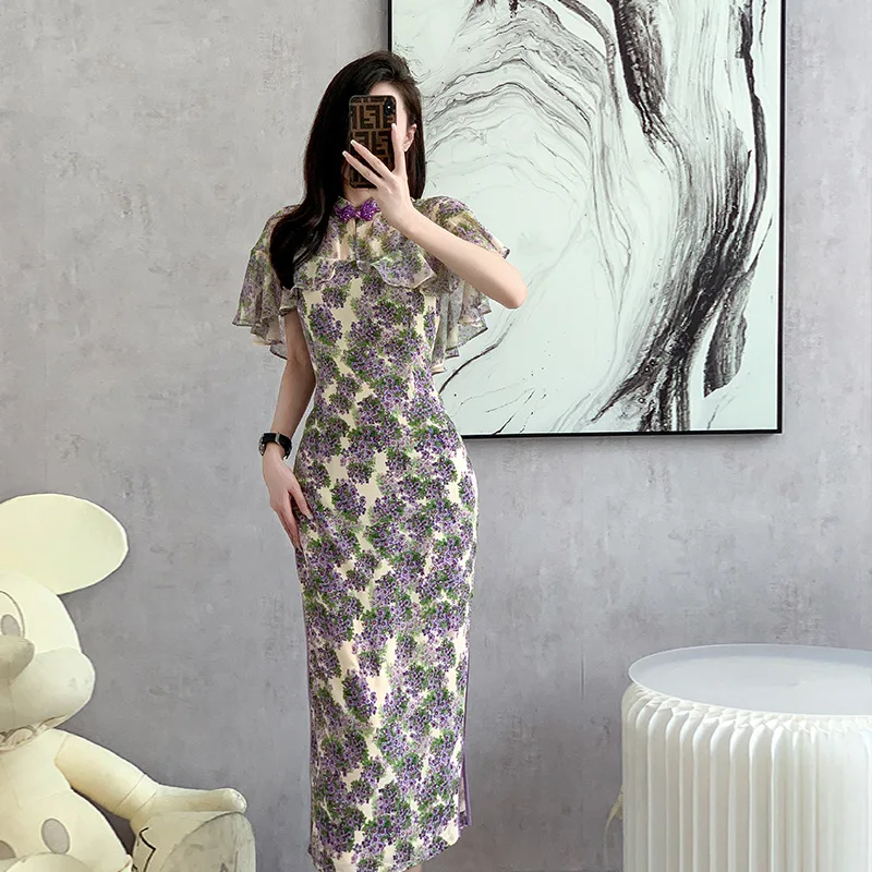 

Женское кружевное платье-Ципао, фиолетовое вечернее винтажное платье с цветочным принтом и длинным рукавом-накидкой, размеры от S до XXL, лето 2023
