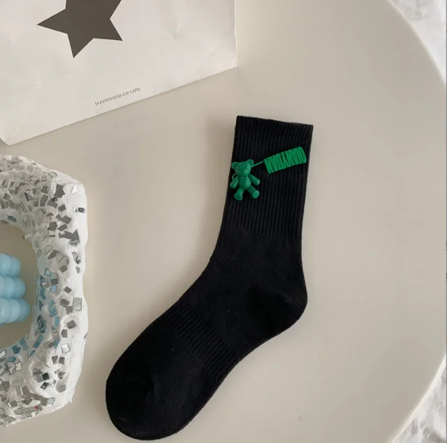 Black and White Pure Color Tube Socks Female Pin Bear Lovely Personality Tide Socks INS Korean Students Long Tube Cotton Socks 6