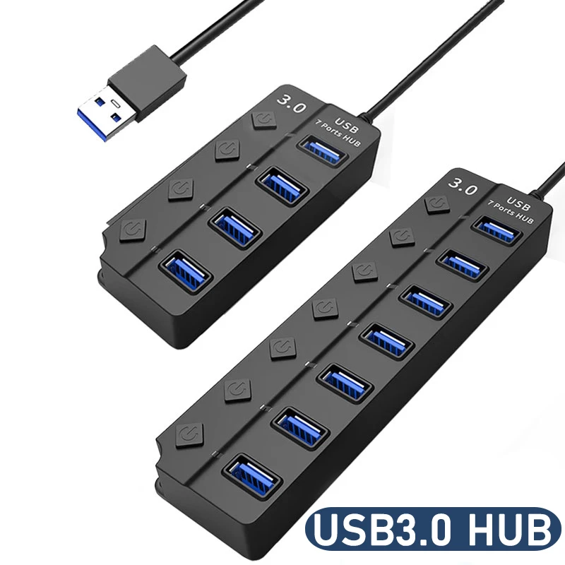 Adaptador de corriente USB 3,0, concentrador divisor multi USB de 4/7 puertos, concentrador USB 2,0, interruptor expansor múltiple USB, Cable de 30CM, estaciones de acoplamiento 1