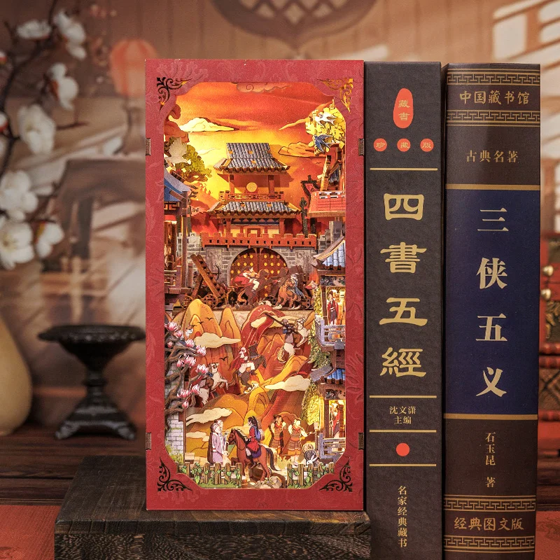 100500754 DIY 3D Puzzle Wooden Dollhouse with Light Dust Cover The Legend of Mulan Chinese Style Bookshelf Insert Decor for Gift 6
