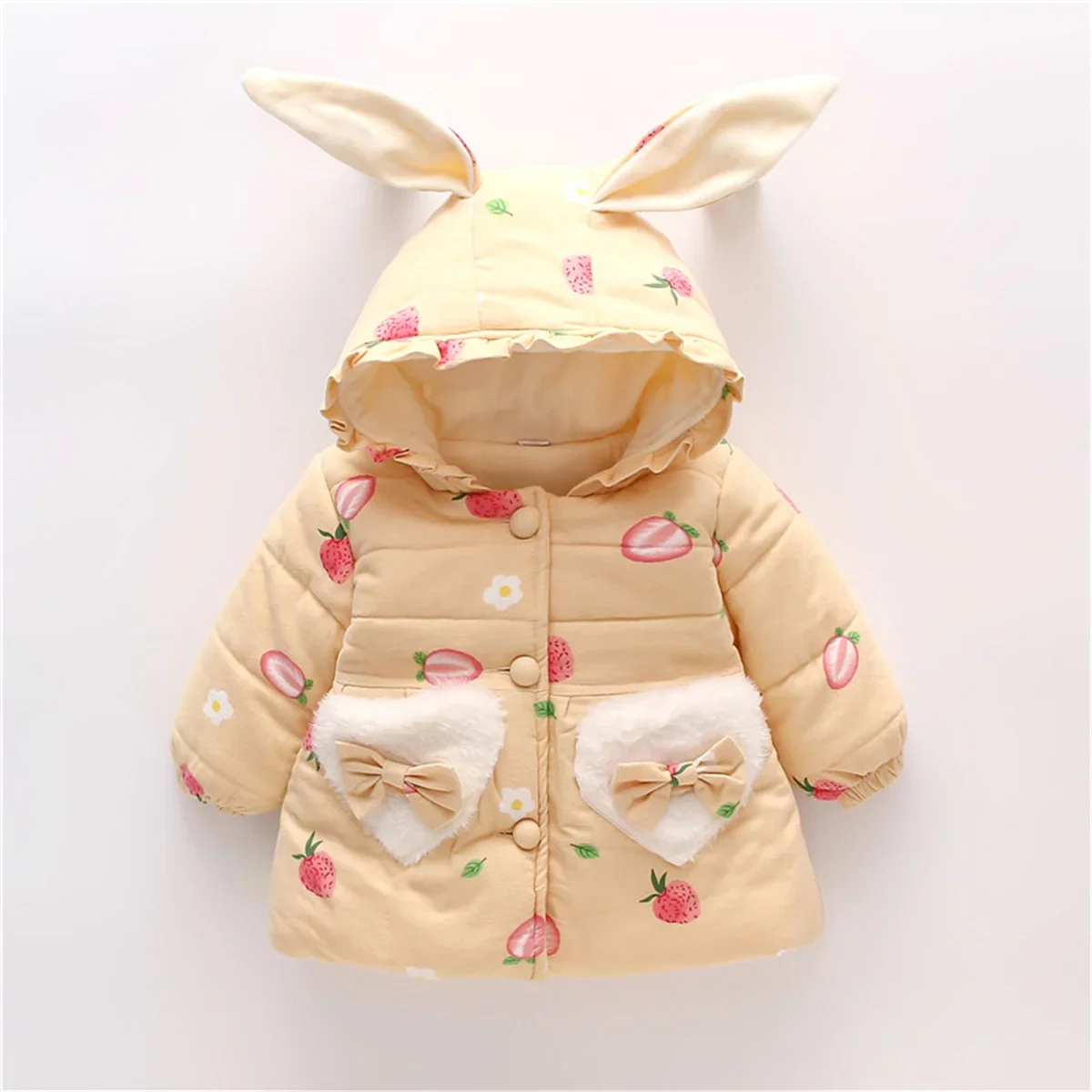 Autumn and Winter New Girls' Coat Bubble Sleeve Cotton-padded Jacket Cute Cartoon Pattern Bunny Ears Furry Pocket