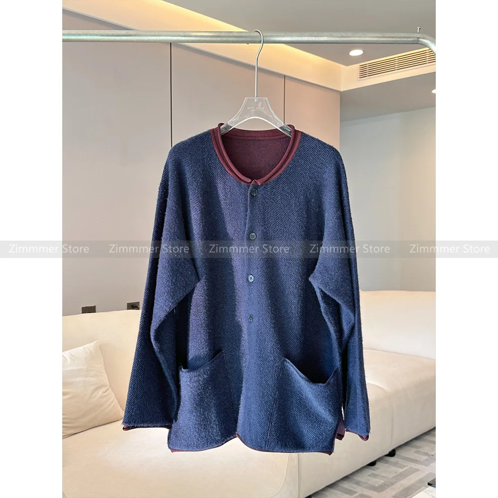 

23 Years autumn and winter new round neck double-sided colour collision loose wool knitted cardigan jacket women