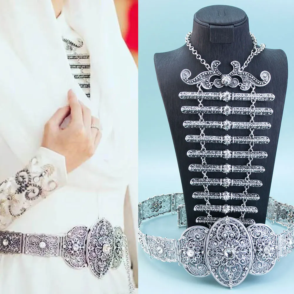 

Sunspicems Caucasus Bridal Jewelry Sets Women Dress Waist Belt Metal Chain Breastplate Necklace Retro Silver Color Kazakh Bijoux