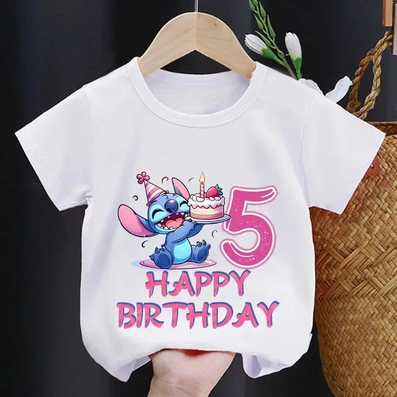 Camisetas de Disney Lilo Stitch 1-9 cumpleaños para niños, camisetas de fiesta para bebés, camisetas de fiesta para niñas, camiseta para niños con ropa, camiseta para niños - Imagen 5