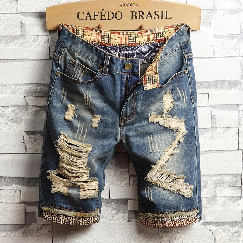 High Quality Men's Summer Holes Denim Shorts Jeans Men Straight Retro Shorts Jeans Men Knee Length Cowboy Size 40