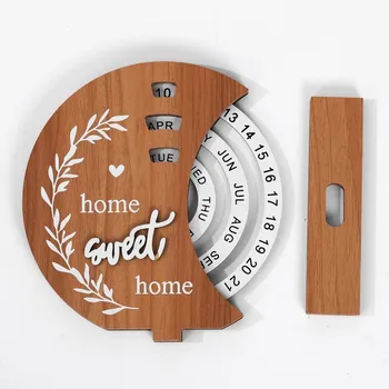 Calendario perpetuo estetico in legno Ruota panoramica riutilizzabile Calendario da tavolo rotante manuale Decorazione della casa Luna