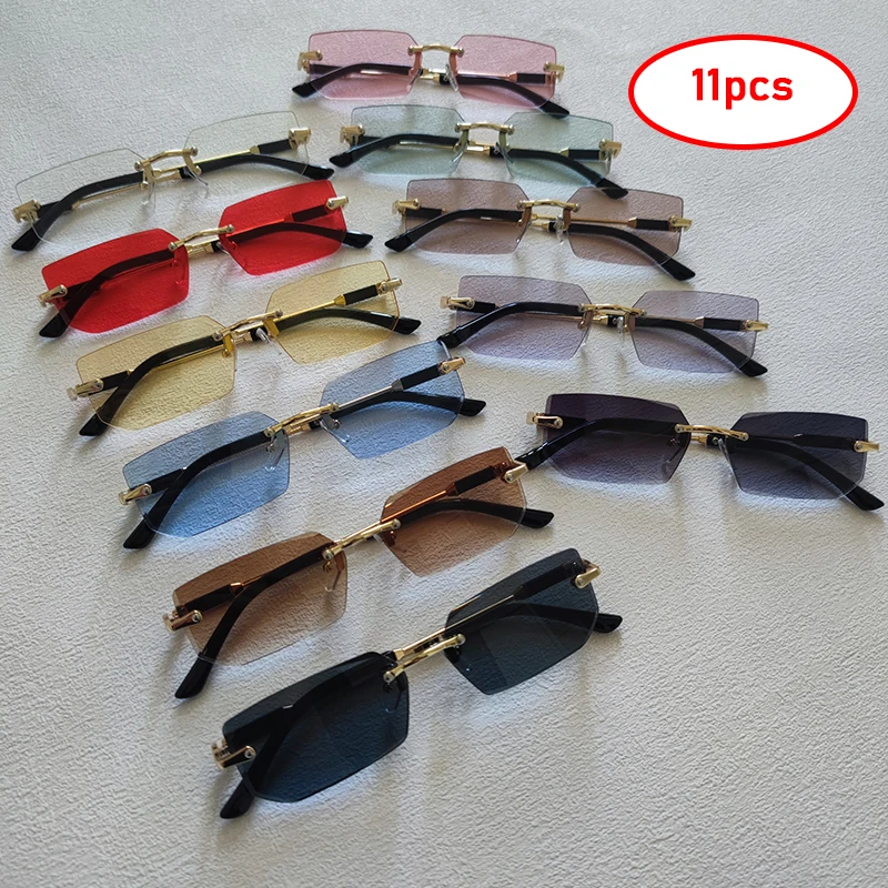 

11 Pairs Per Set Sunglasses Fashion Rimless Rectangle For Men Women Trendy Small Frame Square Sun Glasses Summer Outdoor Shades