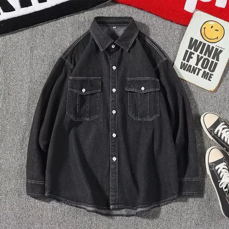 American Style Unisex Long Sleeve Denim Shirt Soft Wash Distressed Double Pocket Vintage