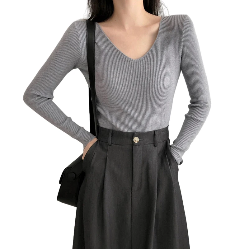 

Summer Spring Womens T Shirts Knit Long Sleeve V Neck Basic Tee