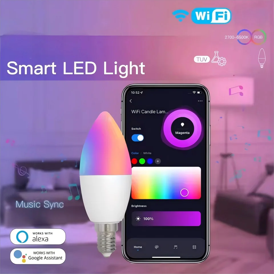 สมาร์ท WiFi หลอดไฟ LED E12 Candel Light 5W 110V RGB + CW + WW โคมไฟ APP ควบคุมเสียง Alexa Google Assistant home Decor 1