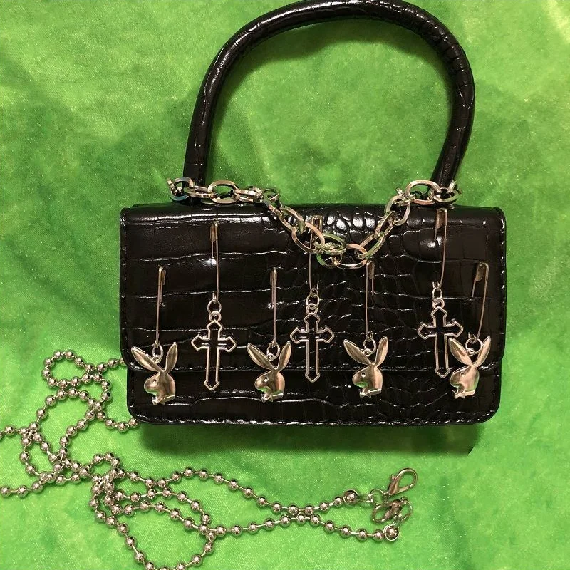 Harajuku Gothic Shoulder Bag Woman Metal Punk Moto Biker Style Female Handbags Cross Paper Clip Rabbit Dark Messenger Bag Purses