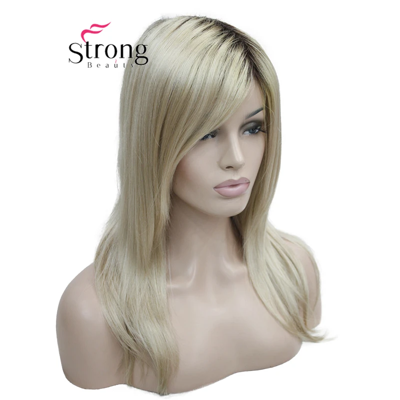 Long Straight Blonde with Dark Roots, Side Swept Bangs Synthetic Wig image_2