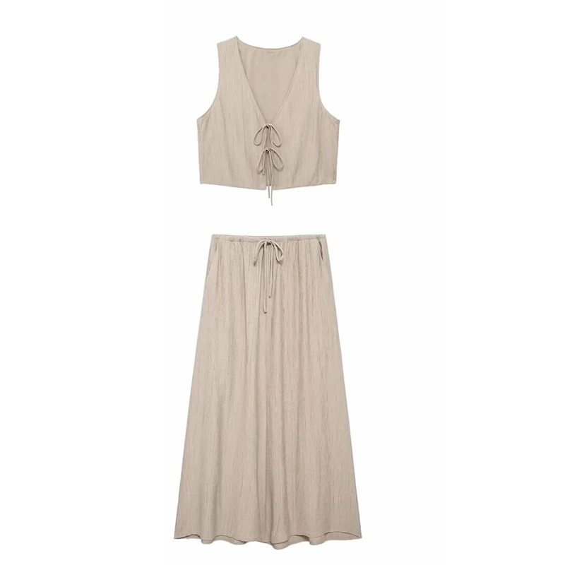 Conjunto de 2 piezas de moda para mujer, blusa lisa con cordones y falda midi de cintura alta elástica vintage, conjunto de faldas elegantes para mujer