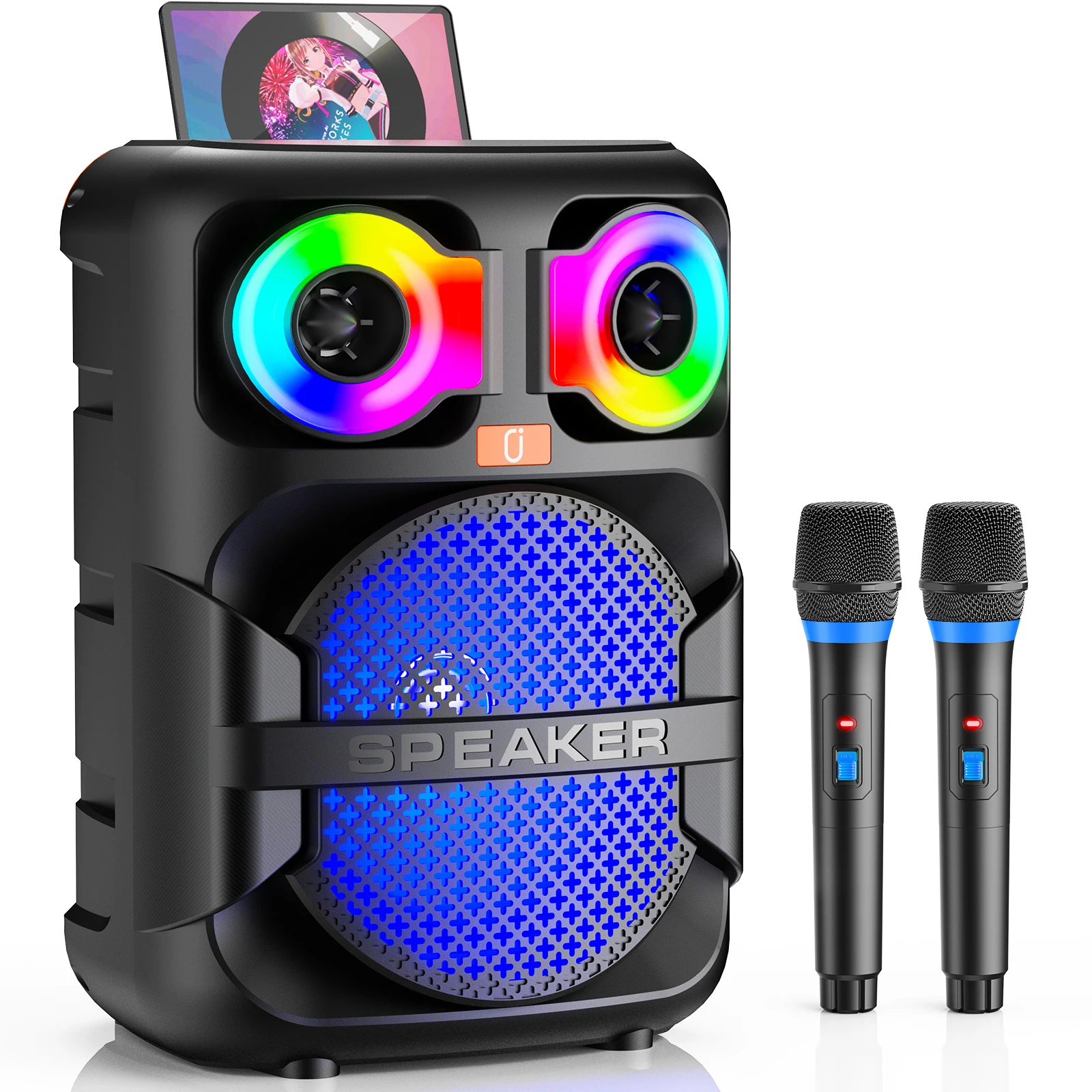 T28 무선 블루투스 스피커, 2개의 마이크가 있는 노래방 기계, LED 조명/7500Mah 배터리가 장착된 가정용 노래방 파티 스피커