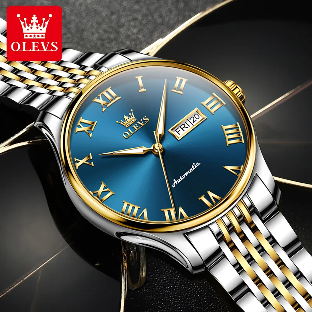 OLEVS Fashion Blue Mechanical Watch for Men Stainless Steel Waterproof Business Mens Watches Top Brand Luxury Relogio Masculino