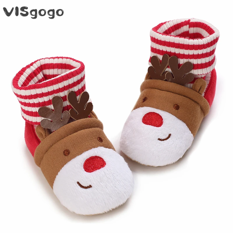 VISgogo  Infant Baby Christmas Shoes with Socks Stripe Print Deer Pattern Non-Slip Soft Ankle Boots Crib Shoes