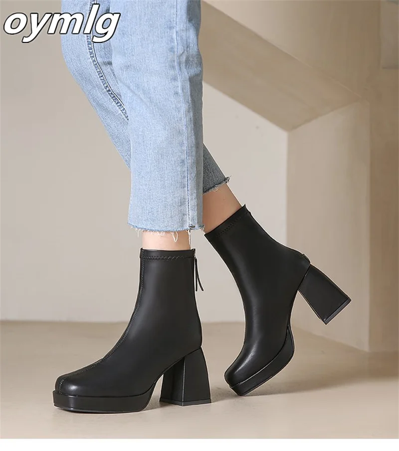 New High Heel Boots Women's Autumn Back Zipper Women's Waterproof Platform Leather Top High Heel Boots Women's