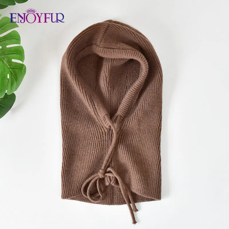 ENJOYFUR Women Balaclava Hats Unisex Knitted Hooded Caps Outdoor Warmer Drawstring Hats One-Piece Neck Collar Beanies Cap 5