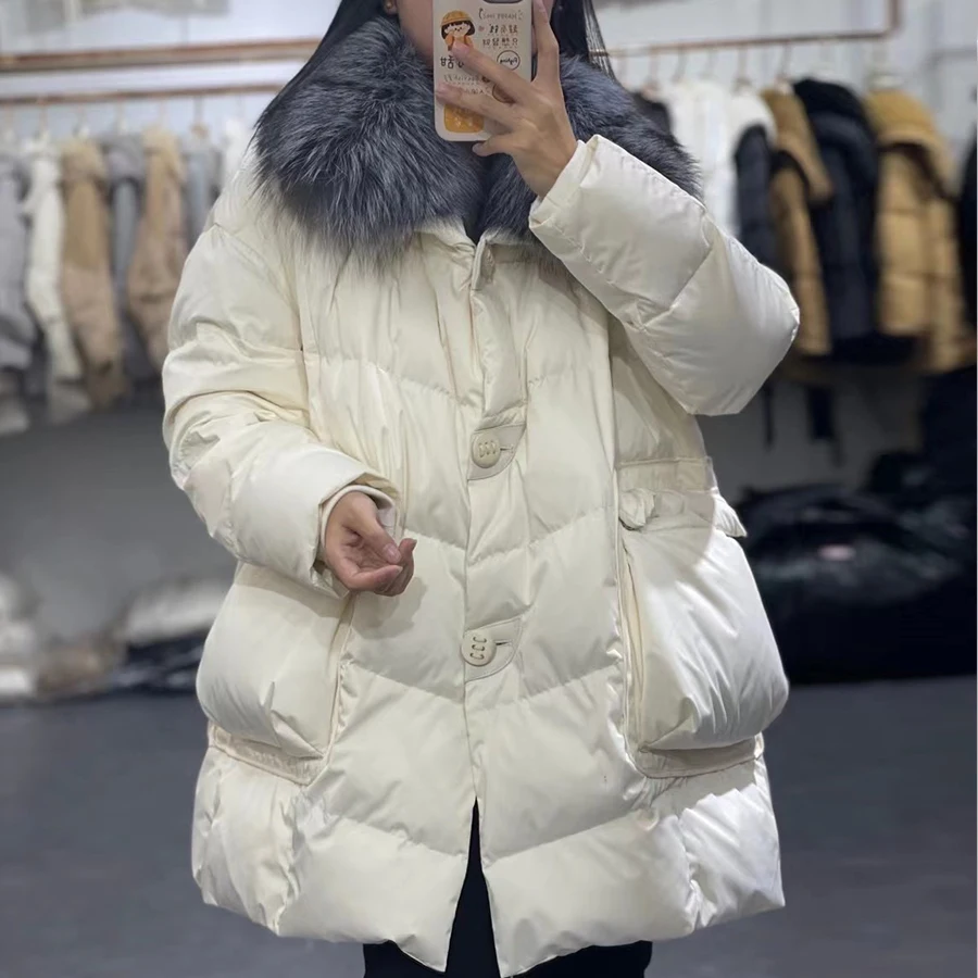 90% Velvet Ladies Down Jacket Winter Mid-length Warm Down Jacket White Duck Down Fox Fur Collar Coat