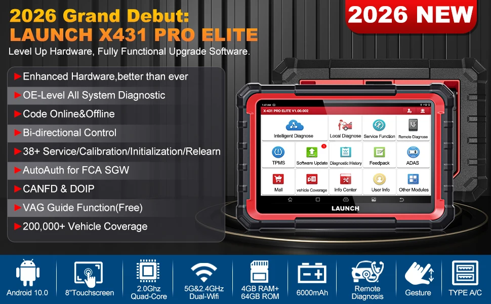 LAUNCH X431 PRO Elite 2026 Neues Bidirektionales Diagnosegerät, 38+ Reset-Funktionen, ECU-Codierung, Vollsystem-Diagnosescanner, CANFD FCA Autoauth – Detail 1