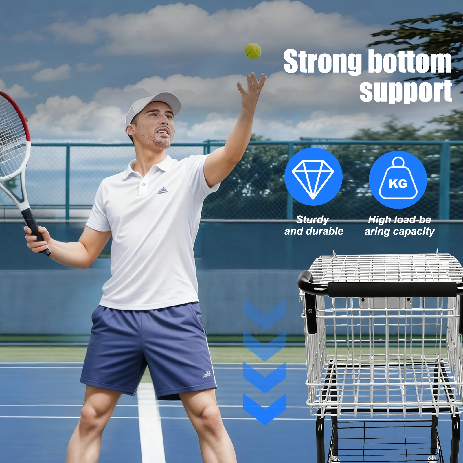 Tennis Teaching Cart with Wheel Wheeled Tennis Ball Hopper Holds 350 Balls Basket Carrier Gatherer Picker Hopper Container