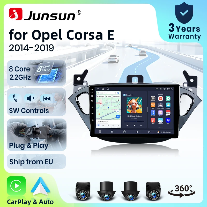 Radio para Auto Junsun de 8 Núcleos con 4G WiFi para Opel Corsa E 2014 2015 2016 2017-2019, Pantalla IPS, CarPlay, Android Auto, GPS, Navegador, Estéreo, SWC, BT, FM, AM, RDS, DSP, 2Din, Mirror Link, Reproductor Multimedia, Chat por Voz con IA, Cámara 360 Opcional, Actualización OTA, Unidad Principal 1