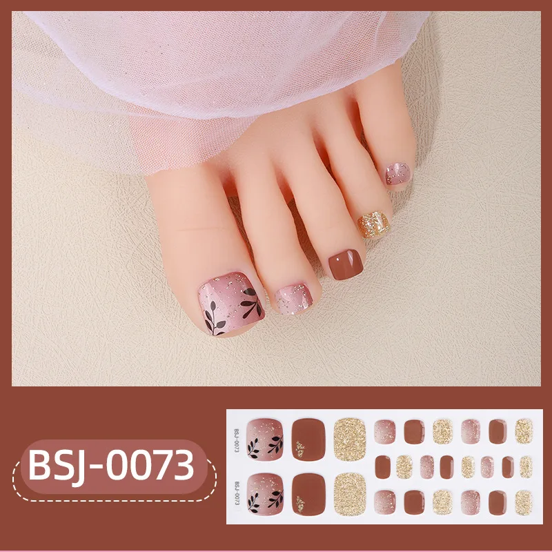 Flash Powder French White Edge Gel Nail Sticker Nude Color Toe Nails Wearable Short Flat Shape Foot Toe Stickers 6