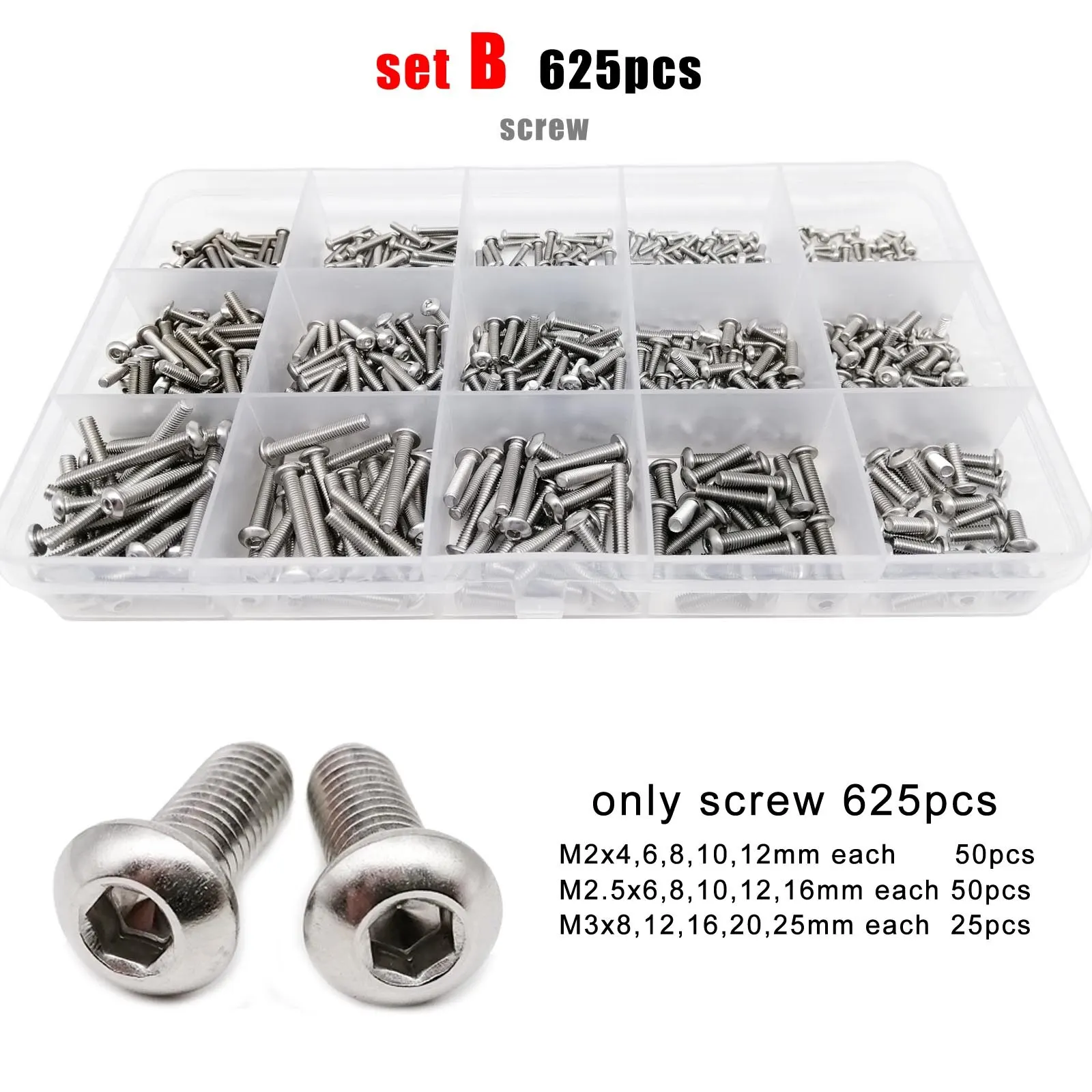 Allen Hexagon Hex Socket Button Round Head Screw Bolt Nut Set Kit M1.6 M2 M2.5 M3 M4 M5 304 Stainless Steel 625/1140/2100pcs Stainless Steel Screws Screw Bolt Nut Set Hex Nuts Assortment Kit Screw Washer Nut Kit Hexagon Socket Head Cap Screw