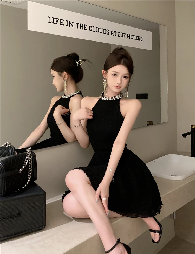 Elegant Halter Black Dresses for Women Summer New Backless Ruffles A-line Korean Birthday Party Dress Prom Short Vestidos Mujer