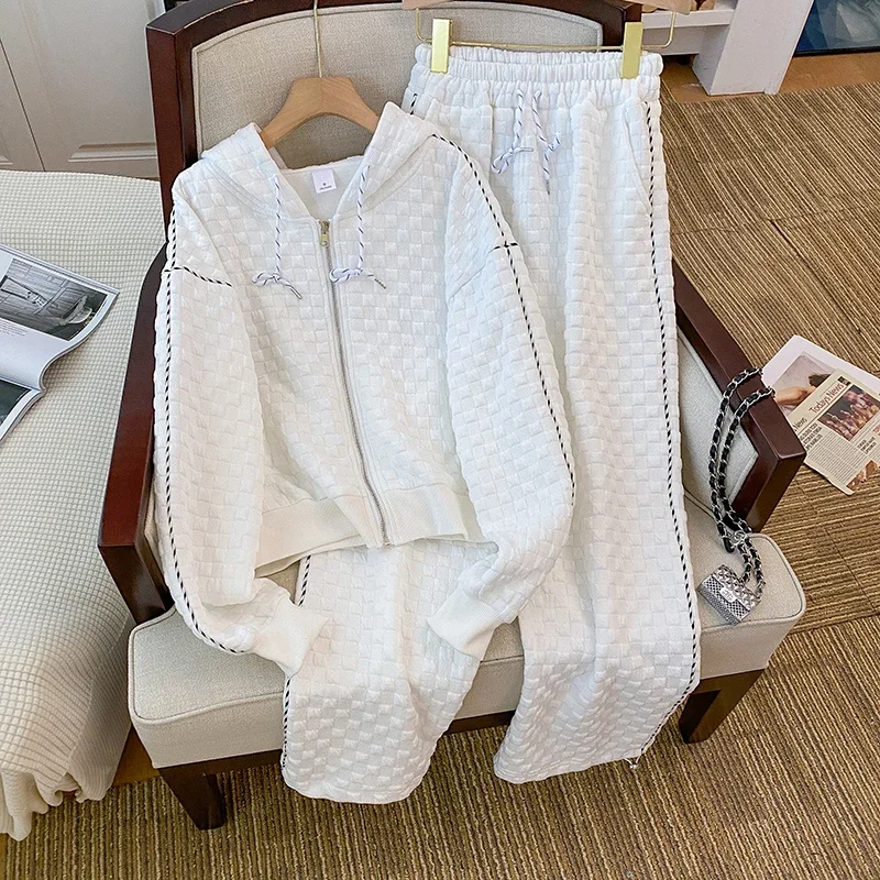 

Insozkdg Autumn Vintage Casual Waffle Hooded Cardigan + Wide Pants Sets Solid Hooded Sweatshirt Jacket Sweatpant Two-piece Set