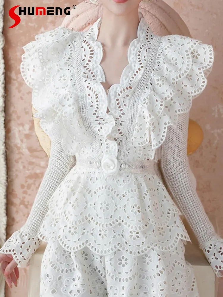 

French Woman Sleeveless White Lace Hollow Short Dress 2023 Spring and Autumn New Suit Shorts Sweet Women Cake Dresses Vestido