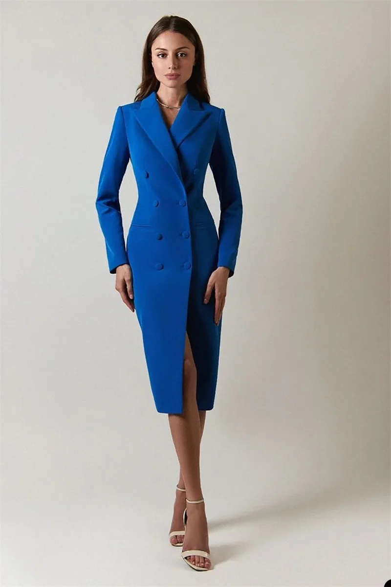 

Formal Business Women Suit Blue Blazer Prom Dress Office Lady Double Breasted Designer Party Gown Custom Made Long Jacket