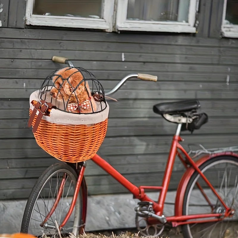 Baisher Woven Rattan Bike Basket with Lid Durable Acrylic Fiber Pet-Friendly Front Carrier for Dogs & Cats