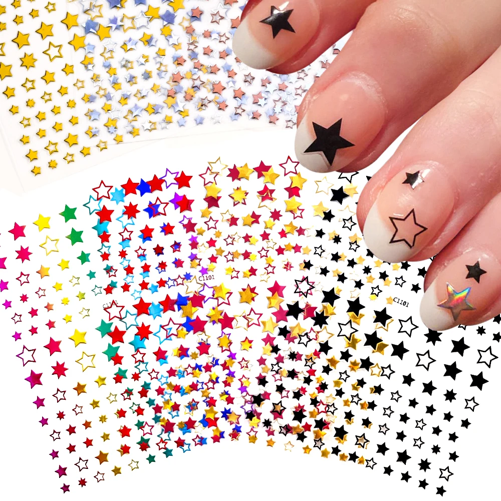 8 Pz/Set Star Nail Stickers Cuore Nail Charms Cursori Autoadesivi Argento Chrome Gel Polish Decalcomanie Accessori Kawaii
